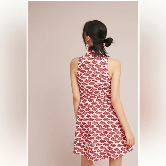 Anthropologie Red Smooch Dress. All Over Red Lip Design. Button Front. Pockets. - Picture 6 of 16